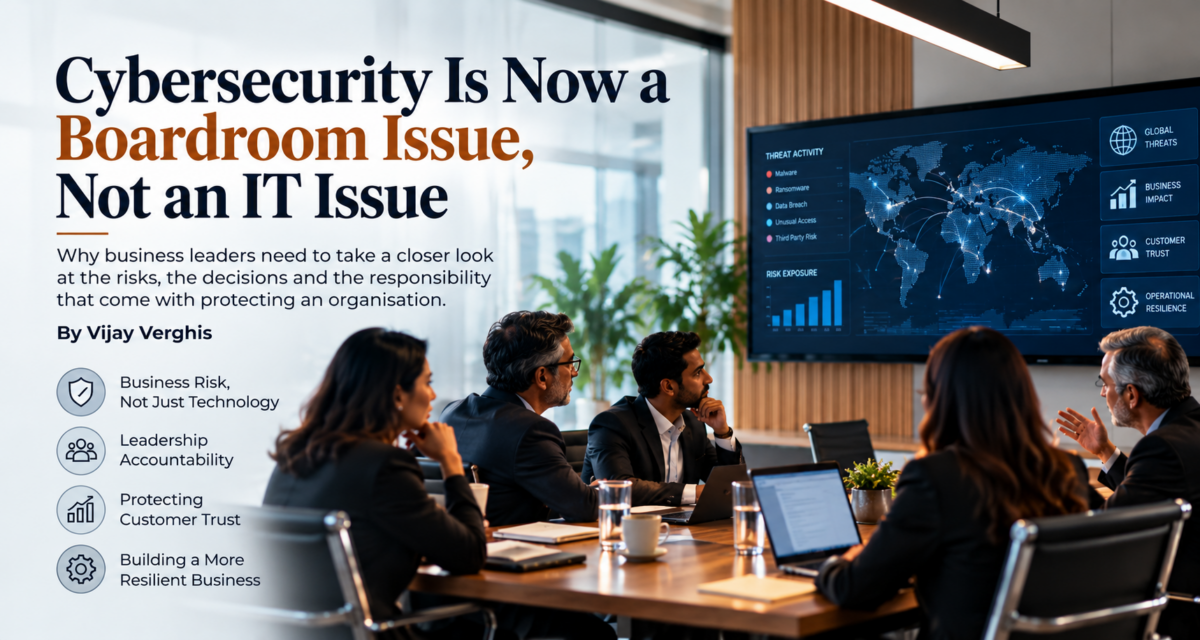 Business leaders discussing cybersecurity, enterprise risk and business continuity in a boardroom.