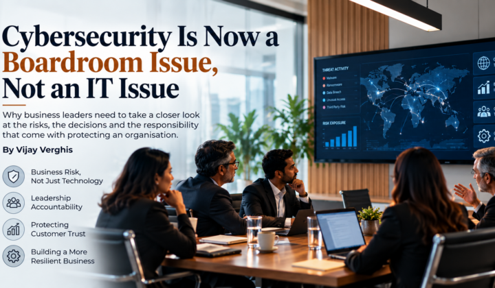 Business leaders discussing cybersecurity, enterprise risk and business continuity in a boardroom.